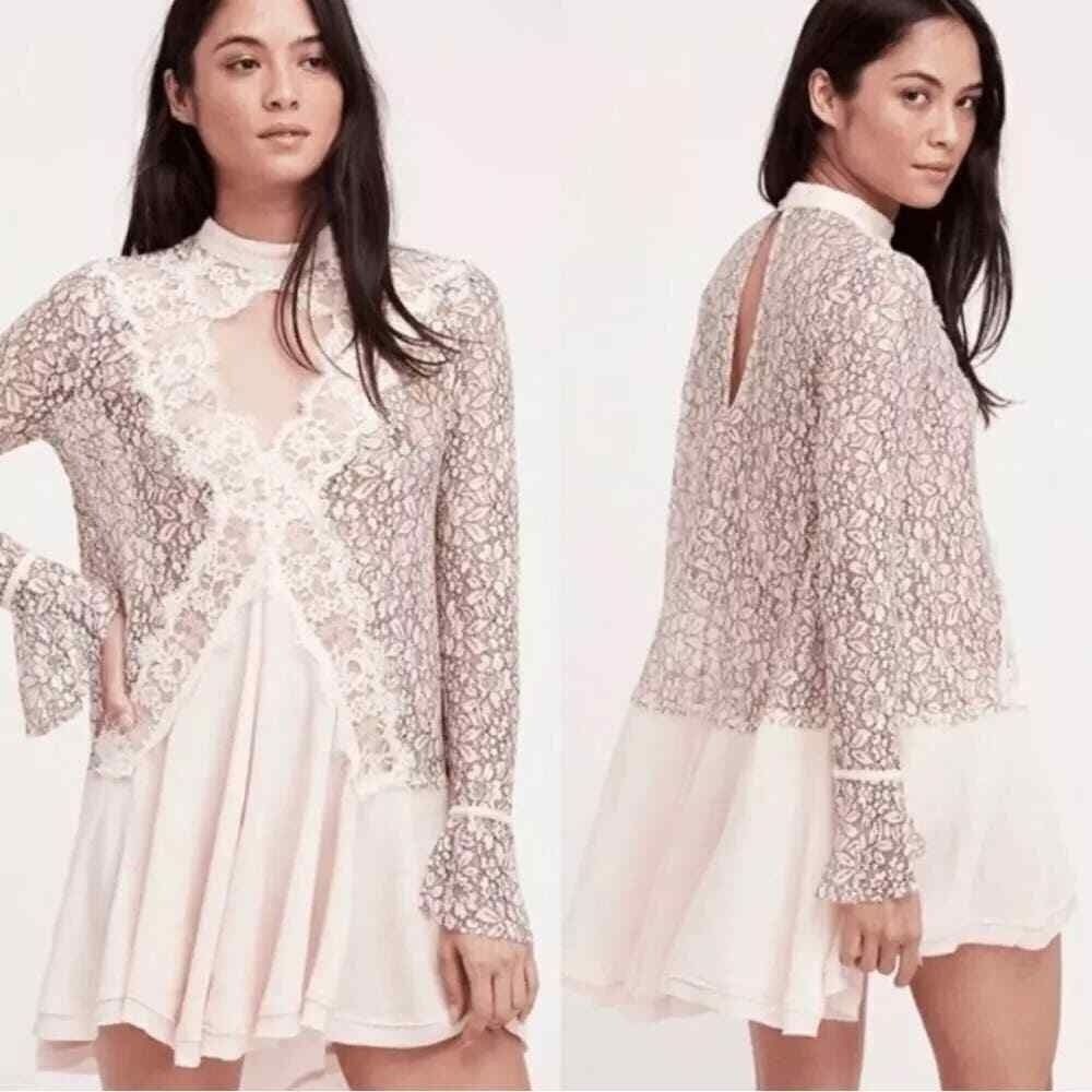 Free People Tunic Dress S Lace Cutout Preppy Romantic Festival Boho Chic Pink - Picture 2 of 7